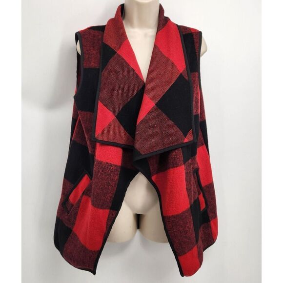 Open Sweater Vest Women's Size Large Buffalo Plaid Pockets Wide Lapel - Picture 1 of 13